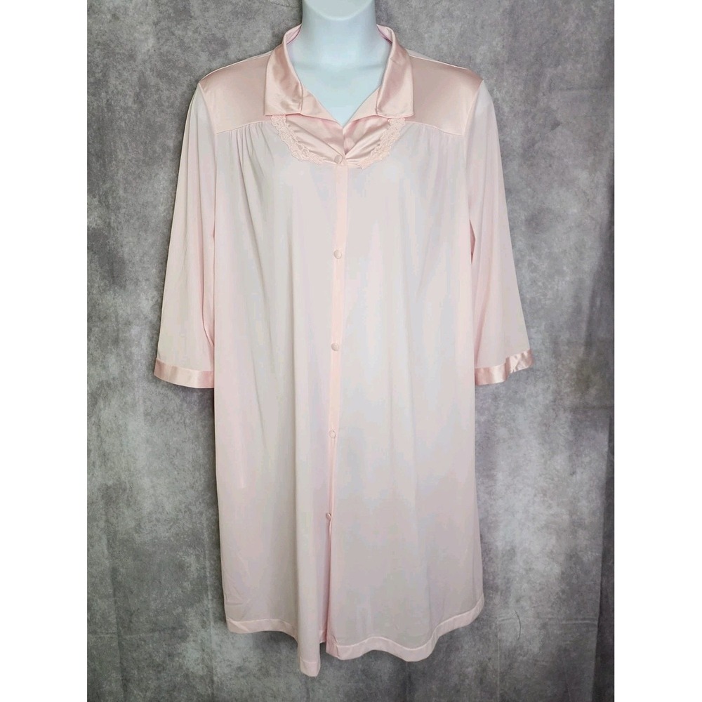 Vintage Vanity Fair Womens Size XL‎ Embroidery Pink Housecoat Pockets Robe Nylon